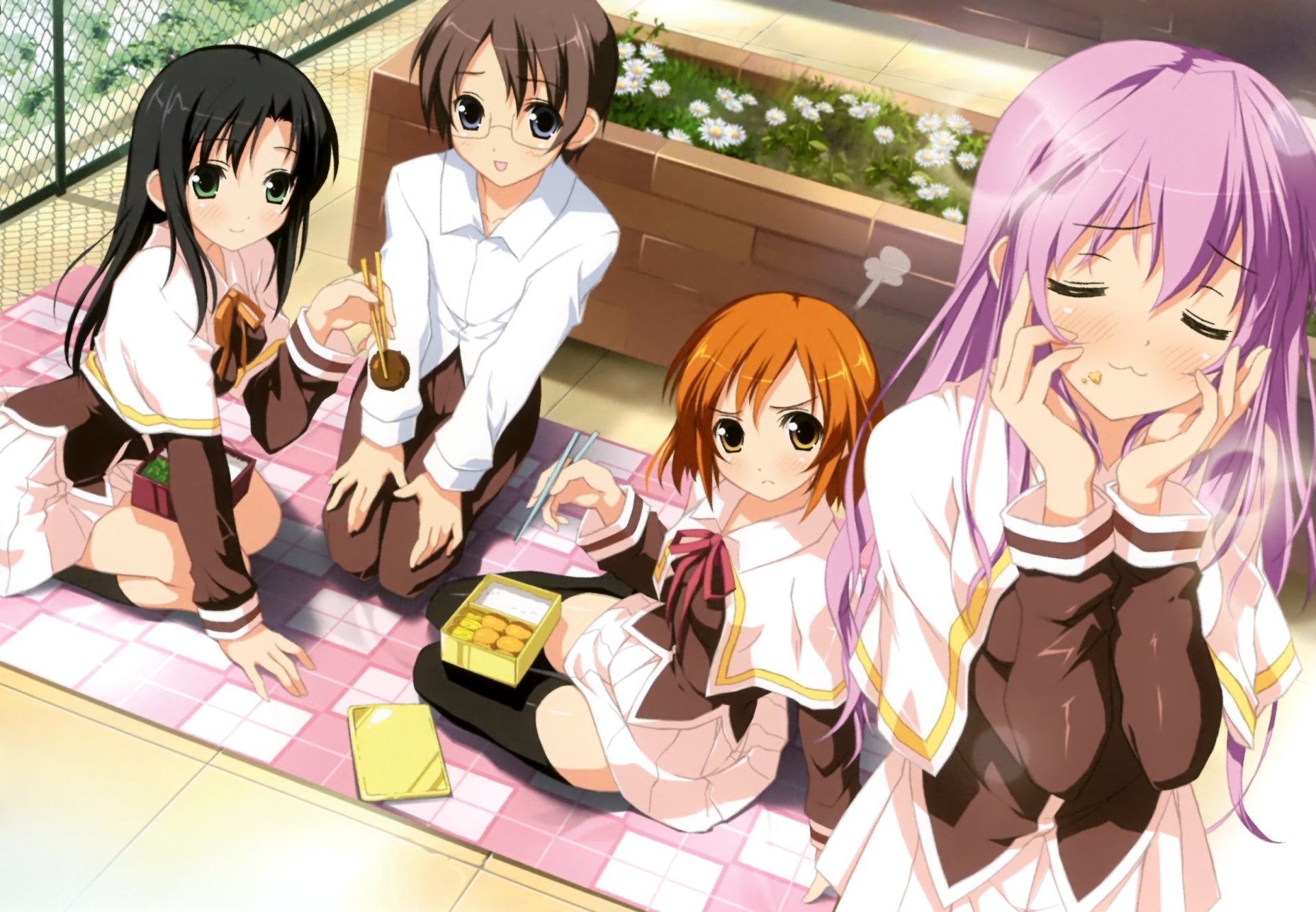 HD PC desktop wallpaper featuring four anime characters from 5 Nenme no Houkago in a bright outdoor setting, showcasing original artwork.