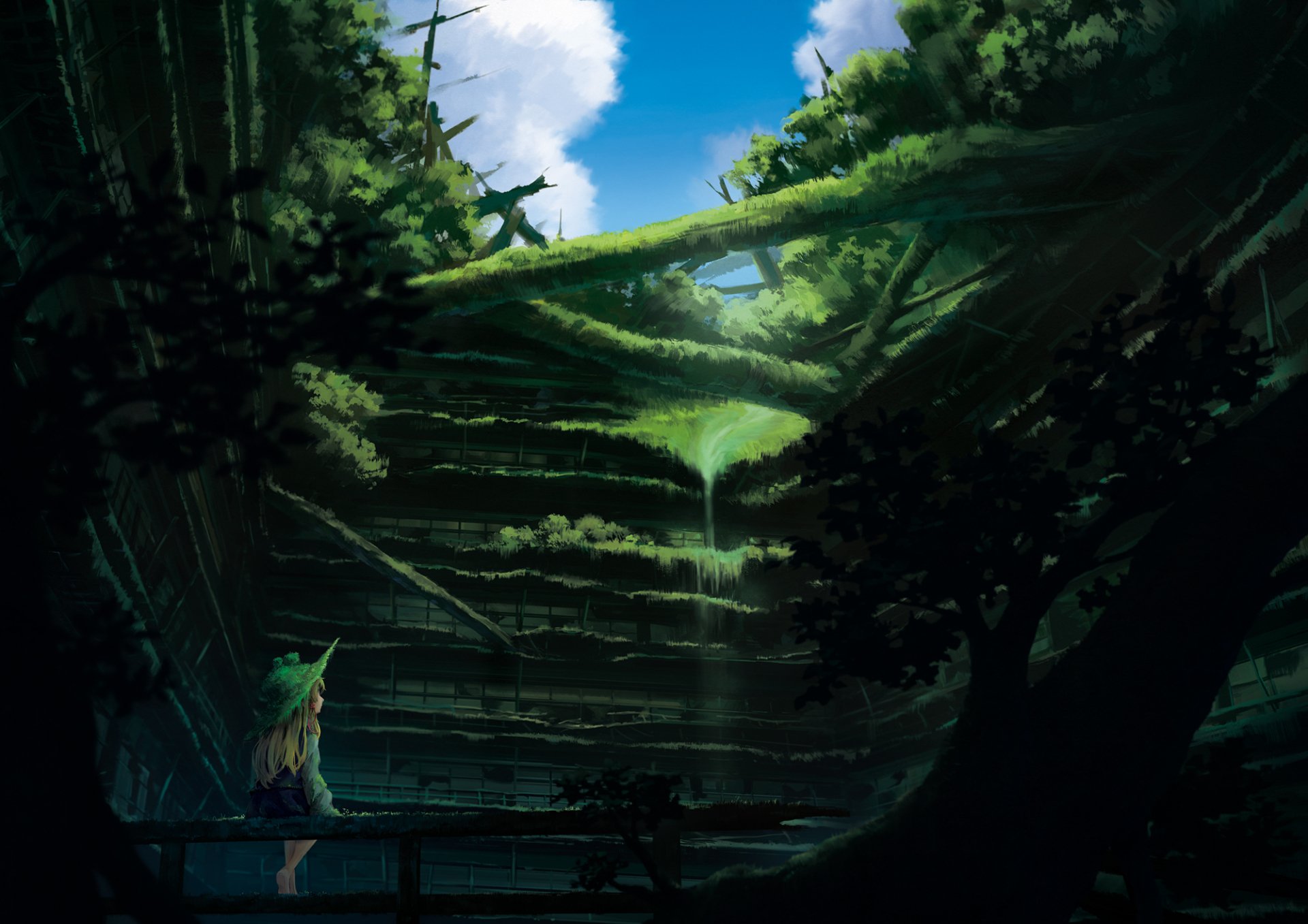 A serene HD wallpaper featuring Suwako Moriya from the Touhou series, set in a lush, green landscape with a waterfall and bright blue skies above.
