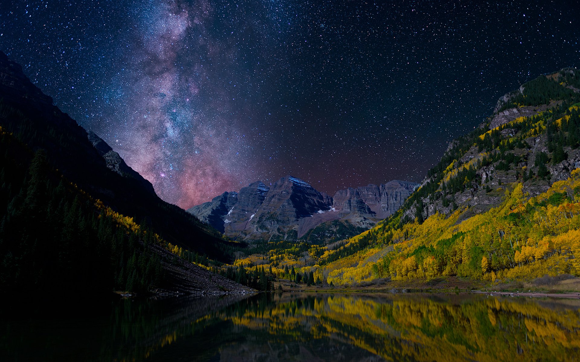 Download Reflection Star Starry Sky Night Forest Valley Mountain Norway