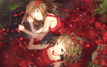 Serene Slumber: Anime HD Wallpaper of Twins in Red Dresses by Anmi |  3482x2077 | Wallpaper Abyss