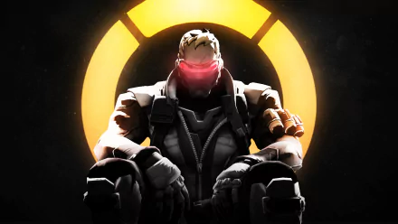 HD desktop wallpaper featuring Soldier: 76 from the video game Overwatch, with a striking background of the Overwatch logo illuminating behind the character.