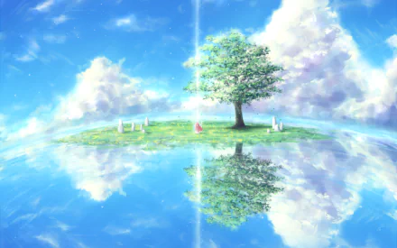 HD desktop wallpaper of anime character Rin from Shelter, featuring a serene floating island with a tree, blue skies, and clouds reflected in the water.