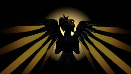 Silhouetted Mercy from Overwatch stands against a glowing backdrop, showcasing her iconic wings. This HD PC wallpaper captures the essence of the beloved video game character.