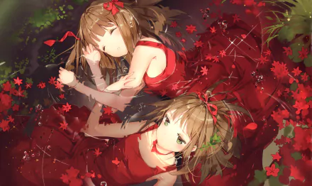 Two anime characters with brown hair, dressed in flowing red dresses, peacefully sleep among water and vibrant red leaves, creating a serene and captivating scene.