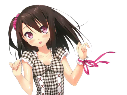4K Ultra HD PC desktop wallpaper featuring an original anime character from 5 Nenme no Houkago with dark hair, pink eyes, and a checkered dress.