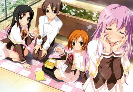 HD PC desktop wallpaper featuring four anime characters from 5 Nenme no Houkago in a bright outdoor setting, showcasing original artwork.