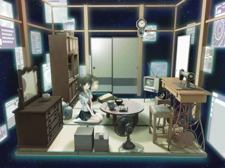 A serene anime room features a girl seated on the floor, surrounded by furniture, vintage technology, and starry wall details, creating a unique HD desktop wallpaper.