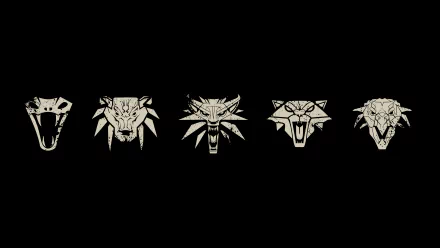 A striking HD wallpaper showcasing the iconic emblems from The Witcher series, particularly The Witcher 3: Wild Hunt, against a black background.