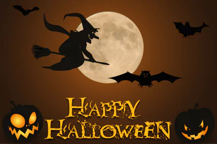 A witch flies on a broomstick across a full moon, surrounded by bats and glowing jack-o'-lanterns, celebrating the Halloween spirit. Happy Halloween artwork in vibrant colors.