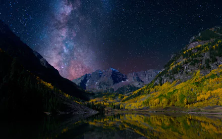HD wallpaper of a starry night sky with the Milky Way visible over a tranquil valley surrounded by mountains and a forest in Norway. The starry sky and nature are reflected in a calm mountain lake.