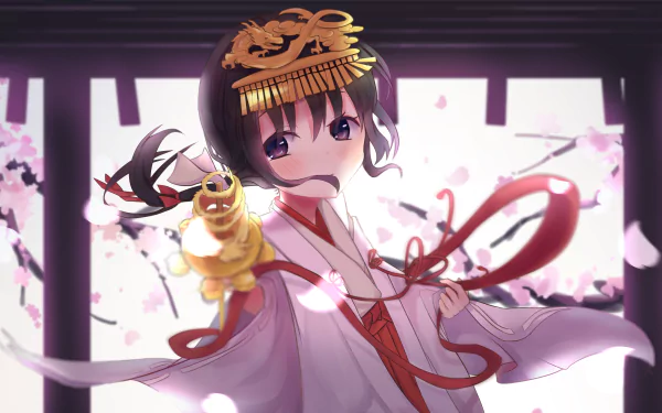 A stunning HD wallpaper featuring Mitsuha Miyamizu from the anime Your Name. She is adorned in traditional attire, surrounded by cherry blossoms and an enchanting atmosphere.