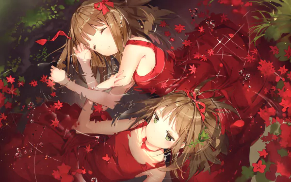 Two anime characters with brown hair, dressed in flowing red dresses, peacefully sleep among water and vibrant red leaves, creating a serene and captivating scene.