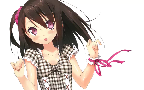 4K Ultra HD PC desktop wallpaper featuring an original anime character from 5 Nenme no Houkago with dark hair, pink eyes, and a checkered dress.