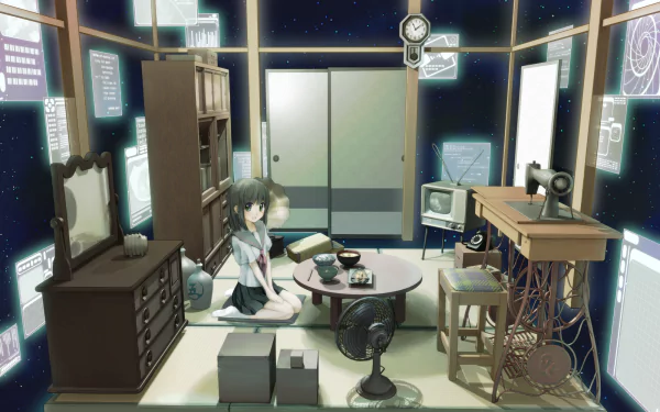 A serene anime room features a girl seated on the floor, surrounded by furniture, vintage technology, and starry wall details, creating a unique HD desktop wallpaper.