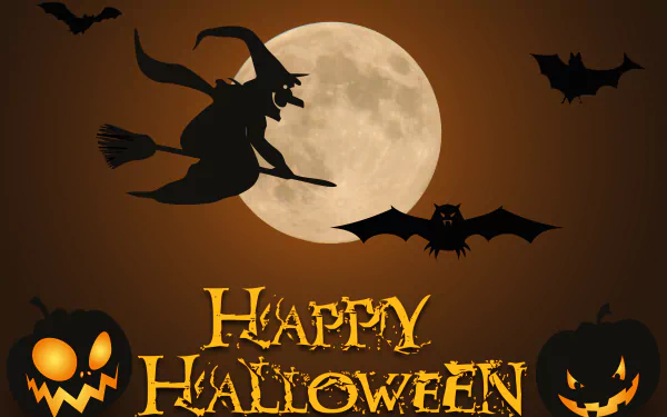 A witch flies on a broomstick across a full moon, surrounded by bats and glowing jack-o'-lanterns, celebrating the Halloween spirit. Happy Halloween artwork in vibrant colors.