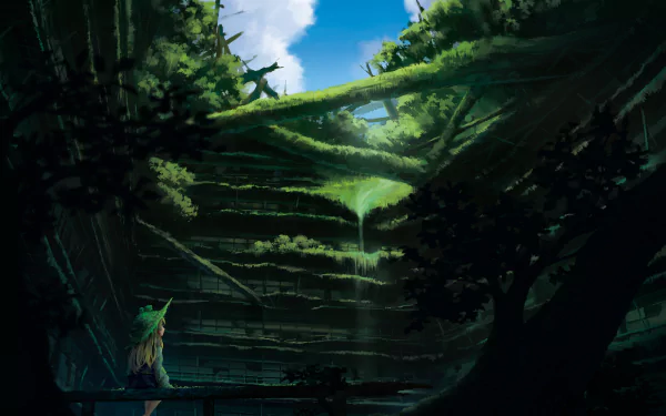 A serene HD wallpaper featuring Suwako Moriya from the Touhou series, set in a lush, green landscape with a waterfall and bright blue skies above.