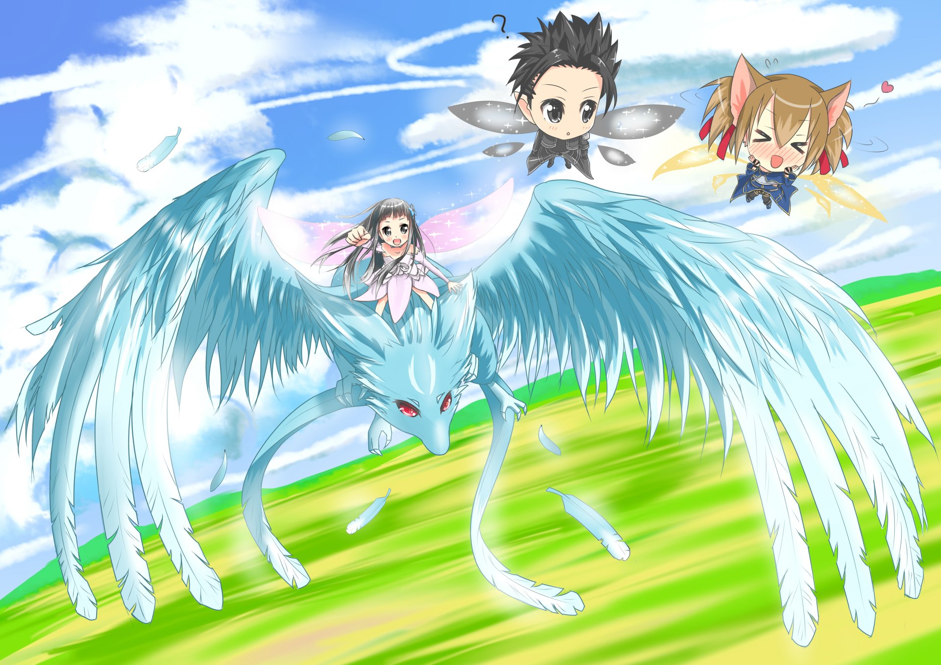 Anime-style Sword Art Online scene featuring chibi characters flying alongside a majestic blue dragon, presented in vibrant 4K Ultra HD for PC desktop background.