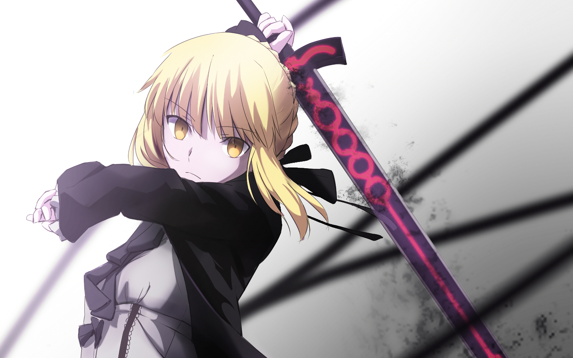 Saber from the Fate Series, featuring her iconic sword, stands confidently with a determined expression against a dynamic background. An engaging HD desktop wallpaper for fans of Fate/Stay Night.