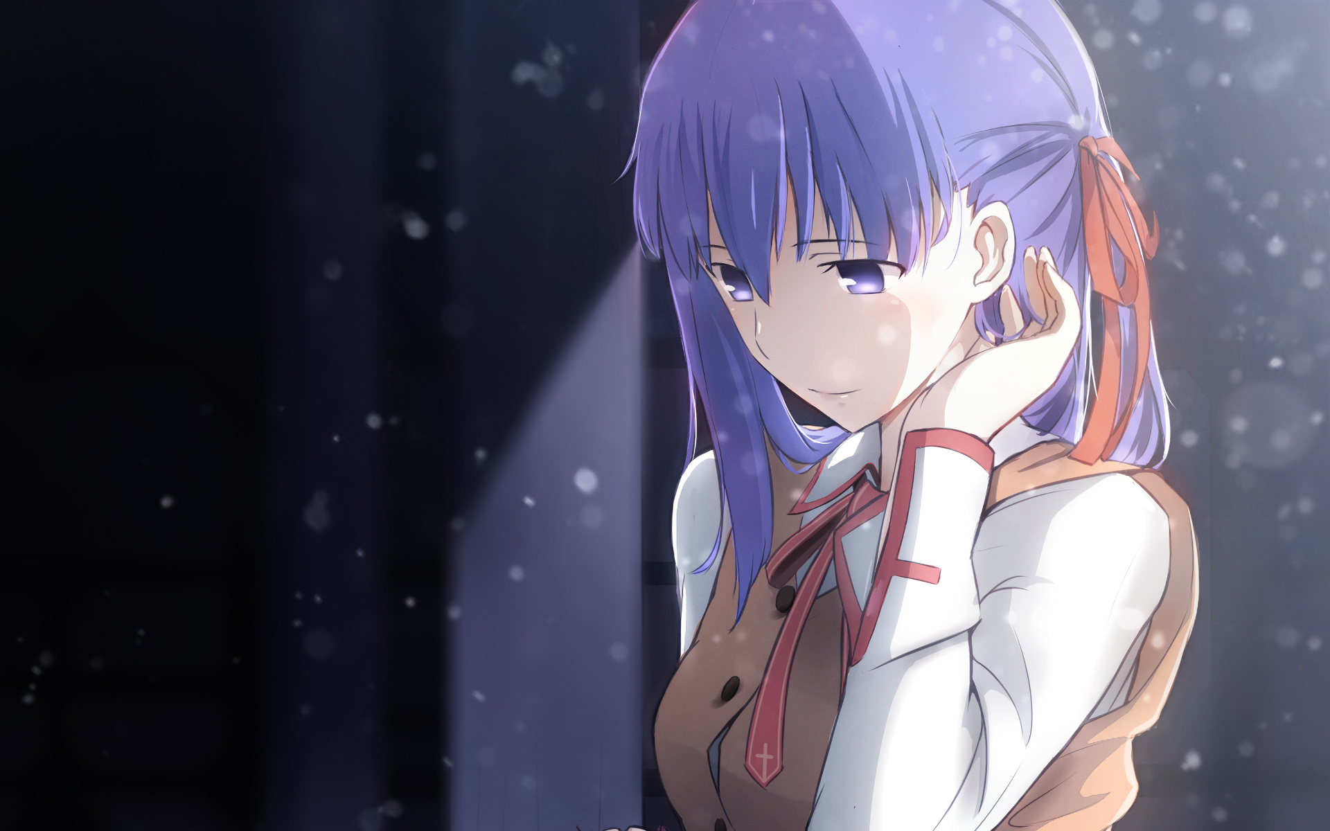 Sakura Matou from Fate/Stay Night is depicted in this HD anime wallpaper, showcasing her introspective expression against a softly lit background.