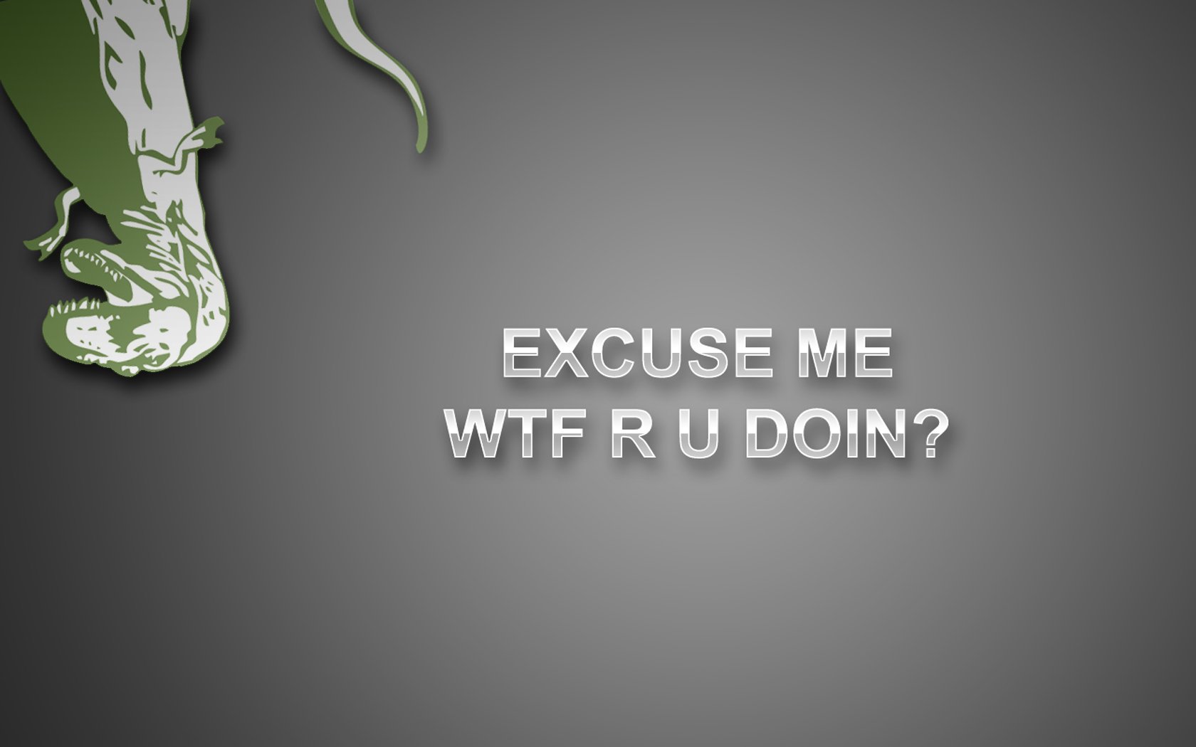 A humorous dinosaur graphic features the text EXCUSE ME WTF R U DOIN? set against a sleek gray backdrop, making for an entertaining HD PC desktop wallpaper.