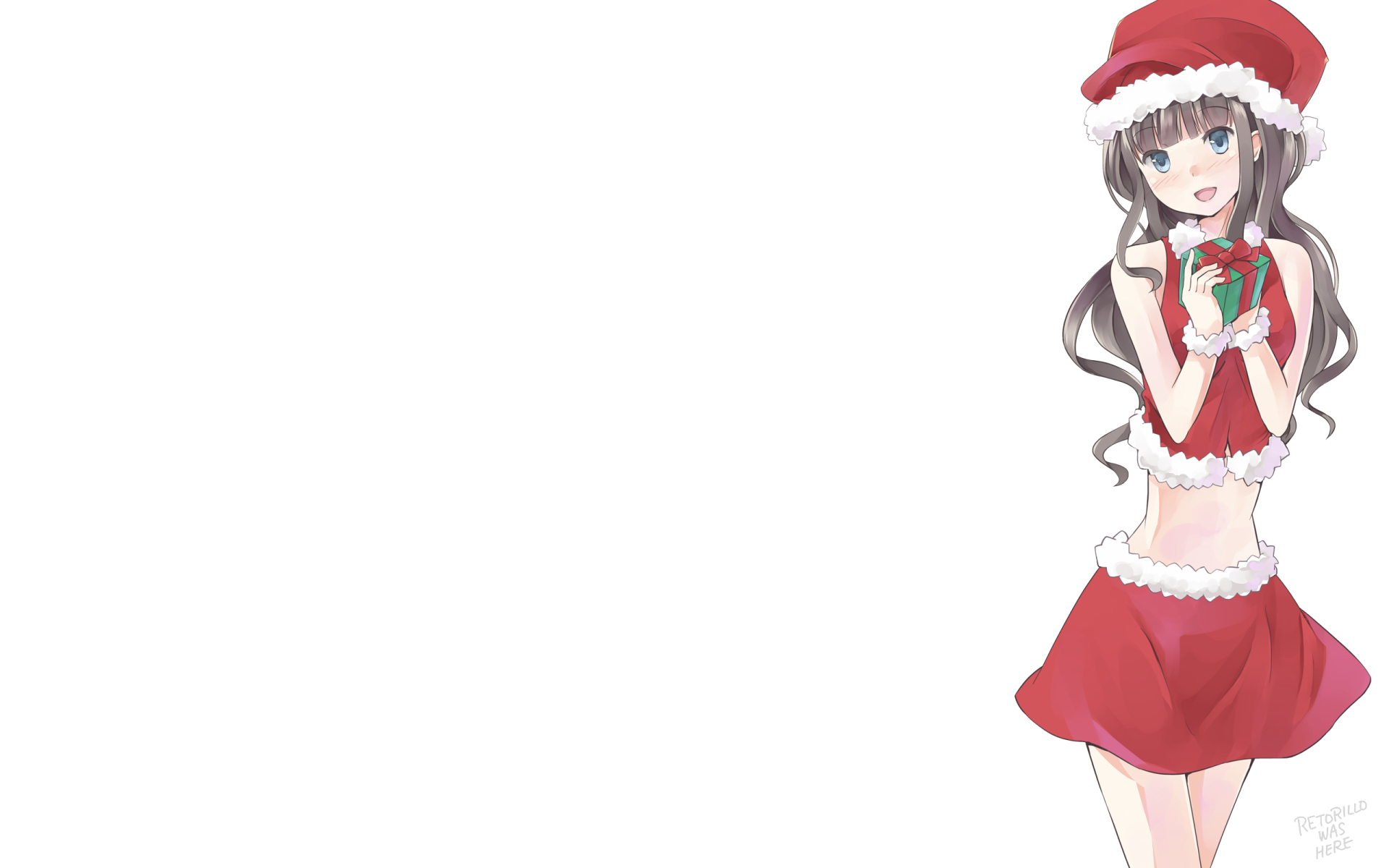 Anime Christmas 2K Quad HD PC desktop wallpaper featuring a smiling anime girl in a Santa outfit holding a gift at the right against a clean white background.