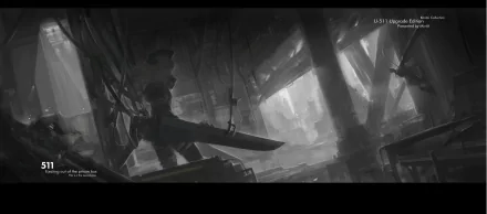 HD grayscale desktop wallpaper of U-511 (Kancolle), anime-style, silhouetted wielding a large blade amid a dim, ruined ship interior.
