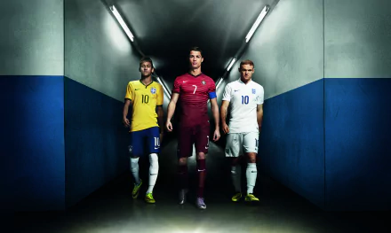 HD desktop wallpaper featuring soccer stars Neymar, Cristiano Ronaldo, and Wayne Rooney walking through a dimly-lit corridor. Ronaldo is centered in a red jersey, flanked by Neymar in yellow and Rooney in white.
