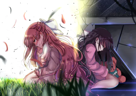 Anime wallpaper featuring Rin from Shelter. The image depicts two girls in contrasting settings, one in a bright field and the other in a shadowy shelter, evoking deep emotions.