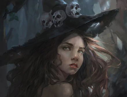 green eyes face witch hat brown hair fantasy witch HD Desktop Wallpaper | Background Image