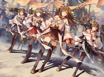 A dynamic HD wallpaper featuring characters Kirishima, Hiei, Haruna, and Kongou from Kantai Collection, set against a detailed anime background.