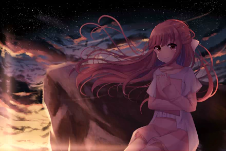 A captivating HD wallpaper featuring Rin from Shelter, set against a stunning backdrop of a starry sky and a dramatic sunset, evoking a sense of solitude and wonder.