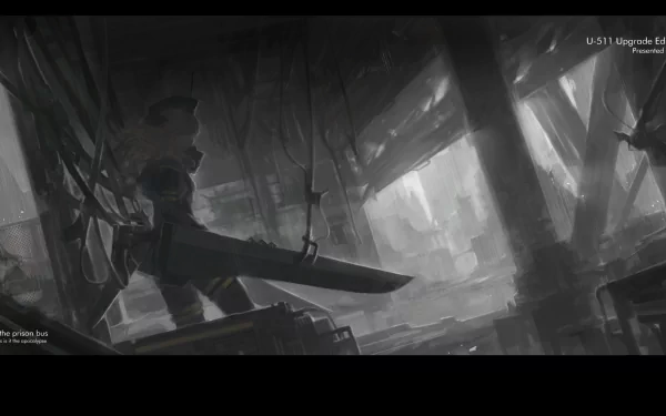 HD grayscale desktop wallpaper of U-511 (Kancolle), anime-style, silhouetted wielding a large blade amid a dim, ruined ship interior.
