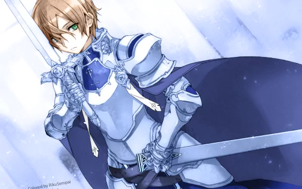 Eugeo from Sword Art Online stands confidently with his Blue Rose Sword, dressed in armor, set against a serene, snowy backdrop. This vibrant anime HD wallpaper captures his heroic essence.
