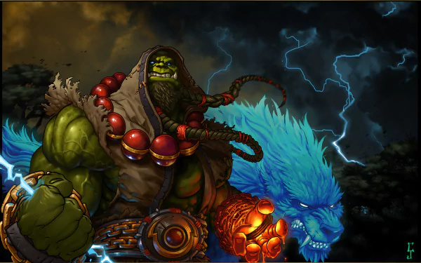 An orc shaman rides a blue spirit beast amid a stormy backdrop in this HD desktop wallpaper from World of Warcraft, featuring Thrall in vibrant detail.