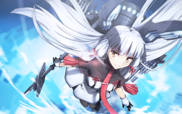 HD PC desktop wallpaper featuring Murakumo from Kantai Collection in dynamic action pose with detailed anime-style artwork and vibrant blue background.