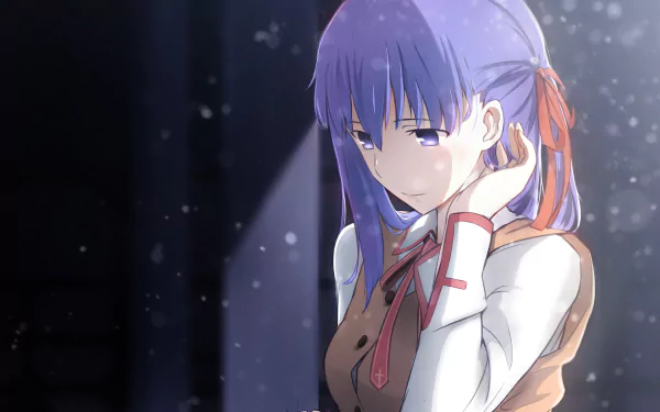 Sakura Matou from Fate/Stay Night is depicted in this HD anime wallpaper, showcasing her introspective expression against a softly lit background.