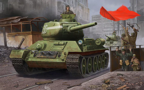 HD desktop wallpaper depicting a T-34 tank with soldiers advancing through a war-torn city, marked by a prominent red flag in a military scene.