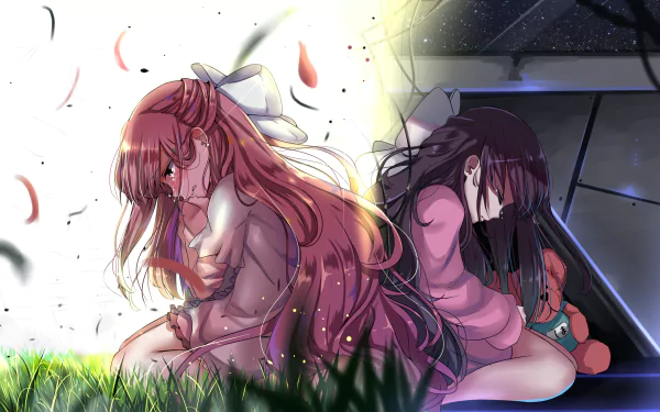 Anime wallpaper featuring Rin from Shelter. The image depicts two girls in contrasting settings, one in a bright field and the other in a shadowy shelter, evoking deep emotions.