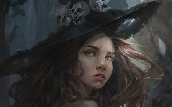 Fantasy Witch Brown Hair Witch Hat Face Green Eyes HD Wallpaper | Background Image