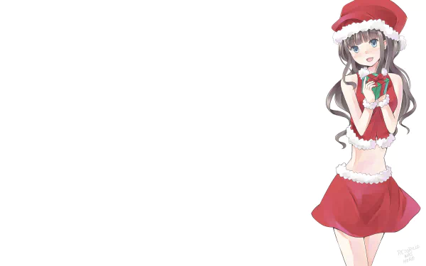 Anime Christmas 2K Quad HD PC desktop wallpaper featuring a smiling anime girl in a Santa outfit holding a gift at the right against a clean white background.