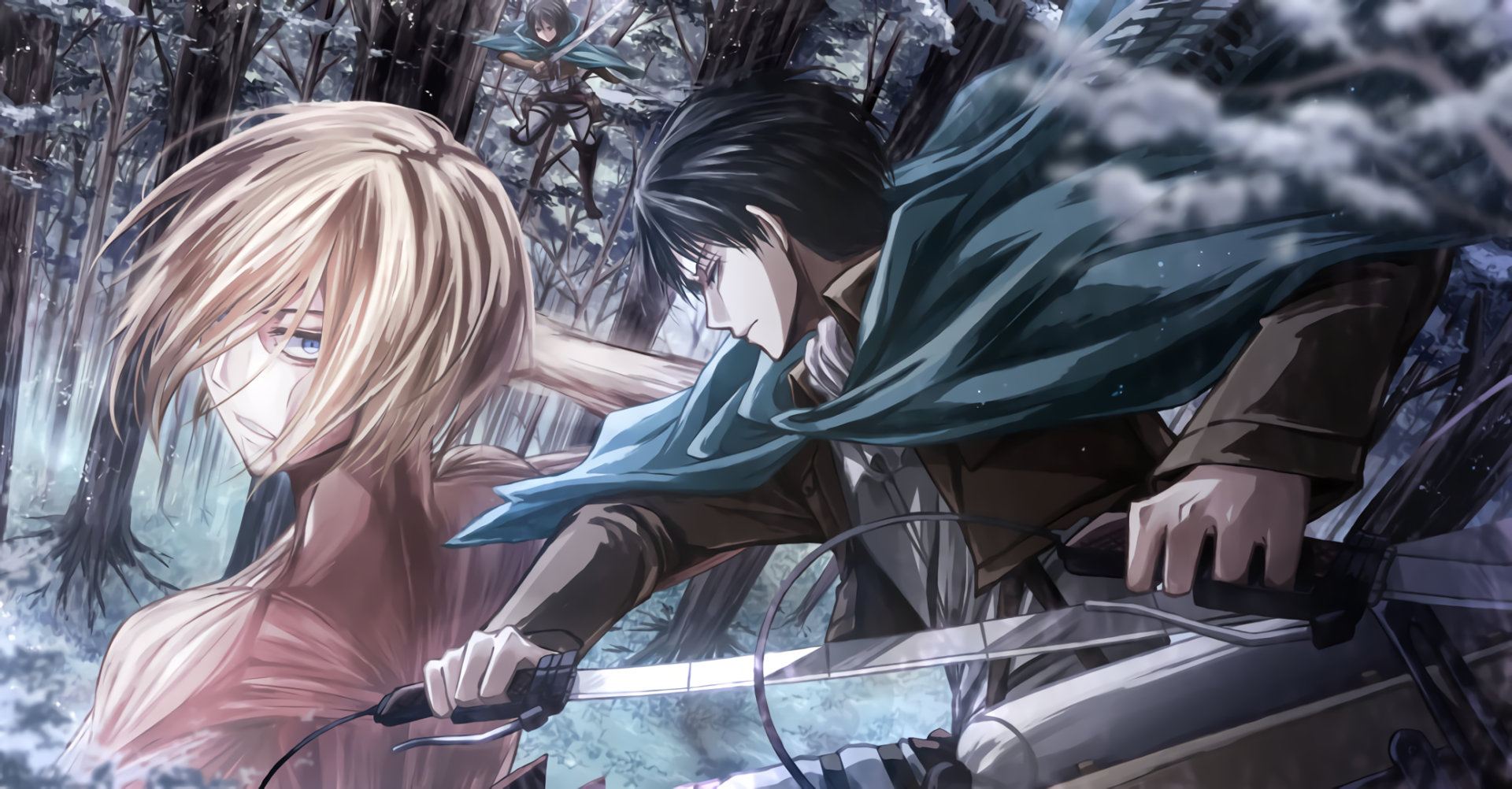 A dynamic scene from Attack on Titan, featuring blond-character Annie Leonhart and Levi Ackerman wielding swords amidst a forest backdrop, showcasing intense anime action.