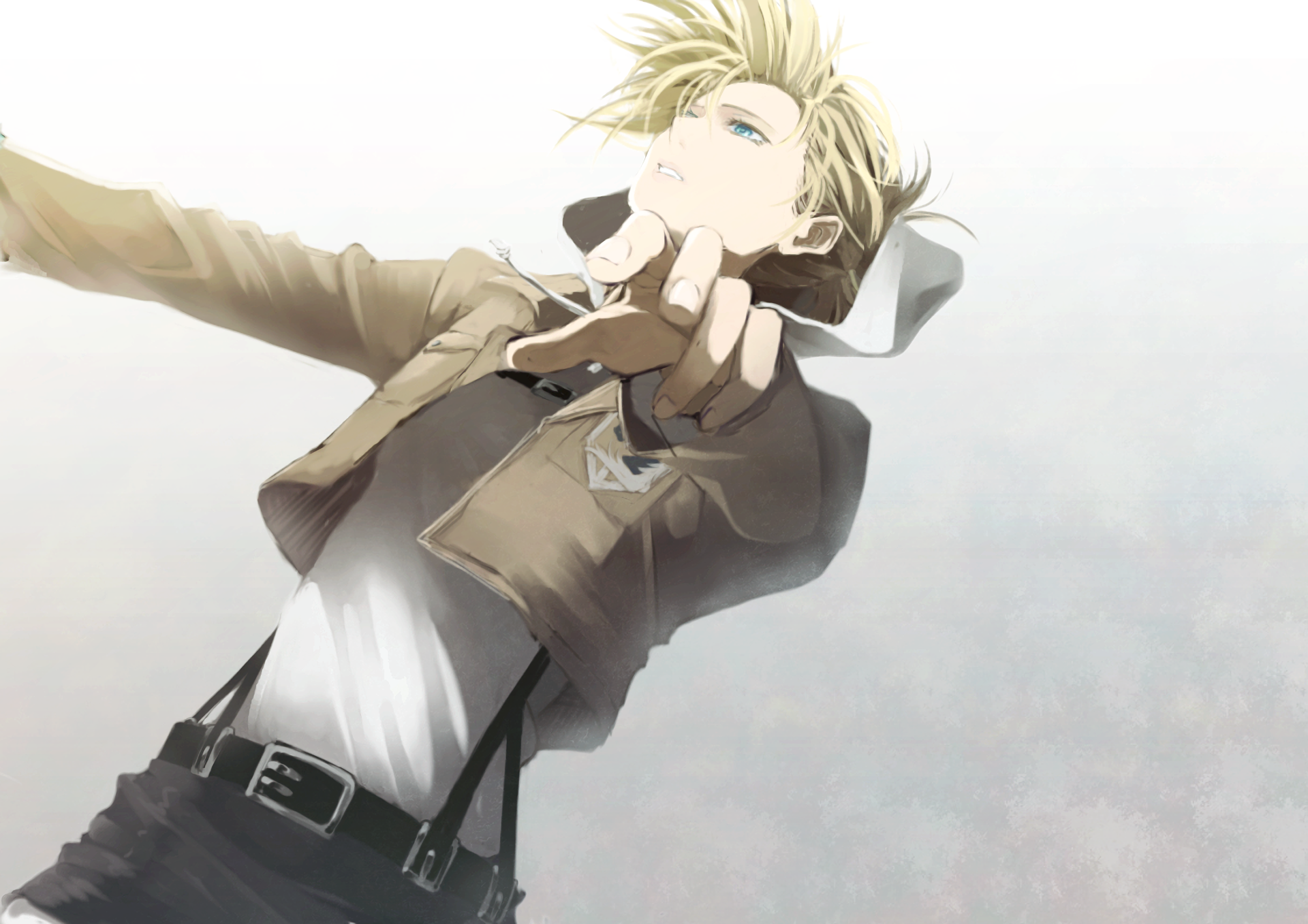 HD PC desktop wallpaper featuring Annie Leonhart from the anime Attack on Titan, posed with an intense gaze and outstretched arm against a light background.