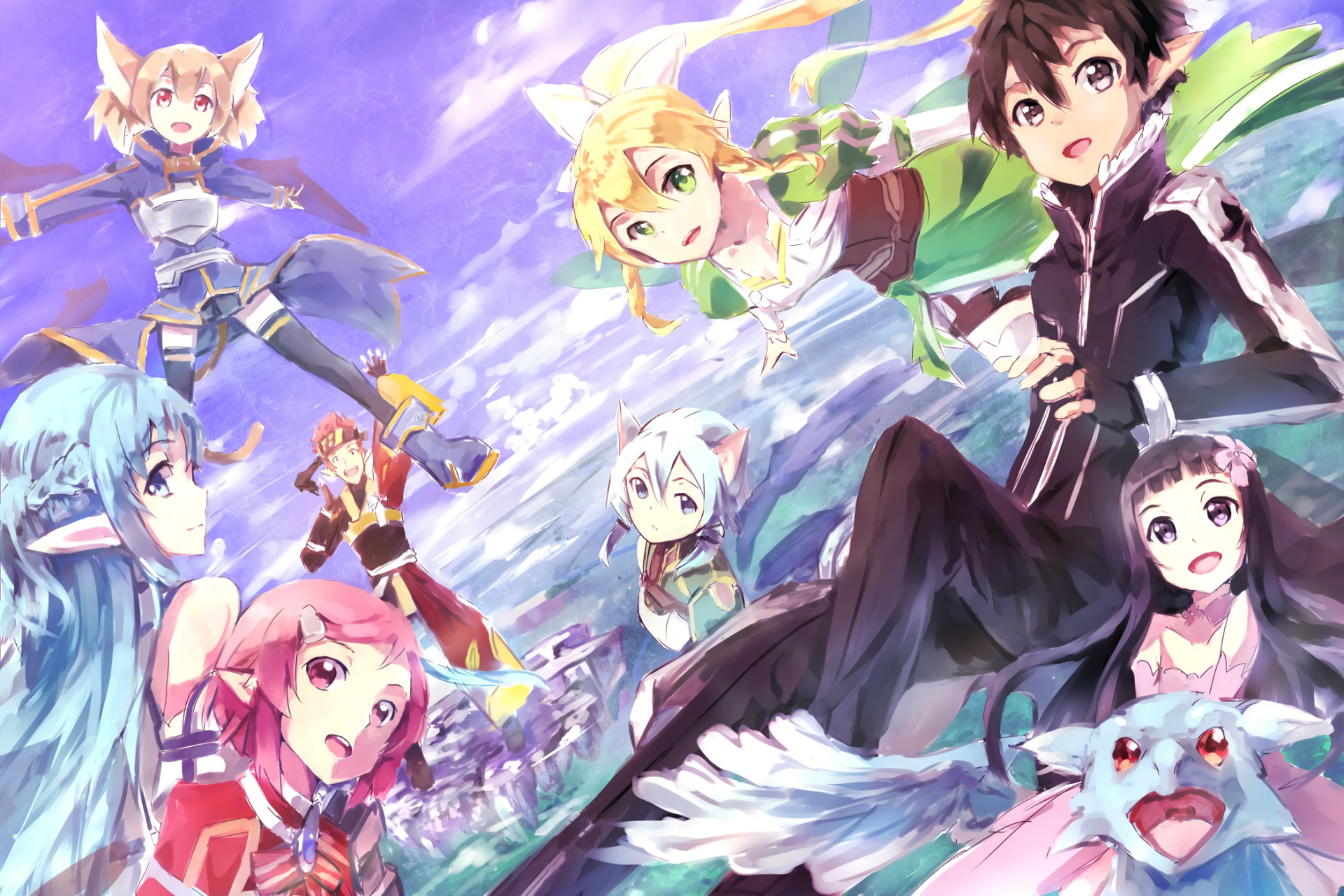 HD PC desktop wallpaper featuring vibrant characters from the anime Sword Art Online II against a dynamic sky backdrop.