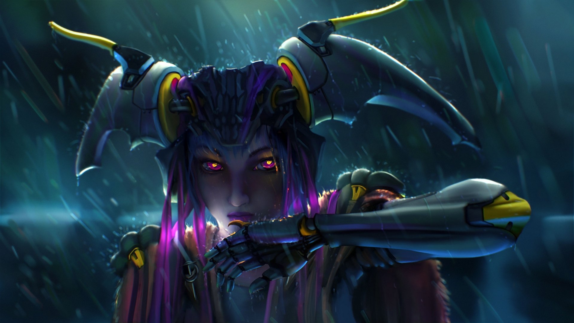 Download Rain Purple Eyes Sci Fi Cyborg  HD Wallpaper