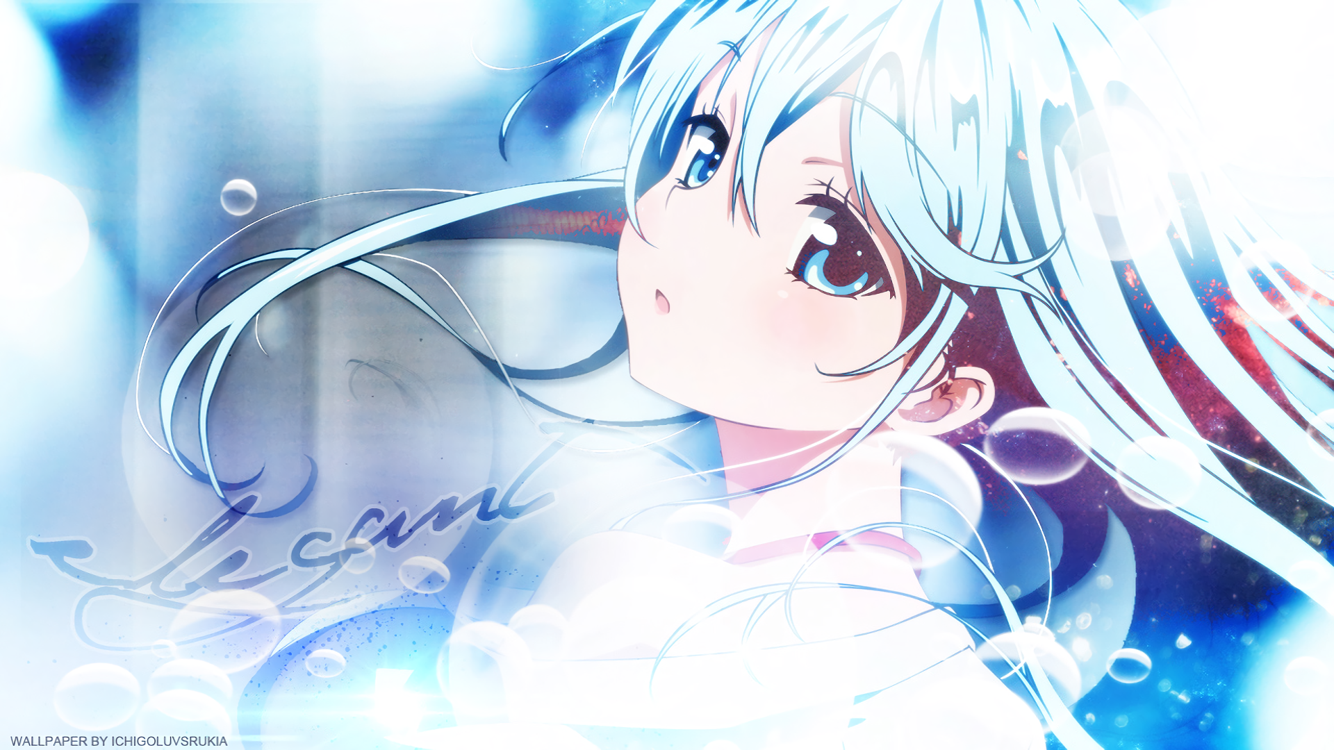 Anime HD PC desktop wallpaper of a Denpa Onna to Seishun Otoko character: pale-haired girl with long silver-blue hair gazing upward amid soft blue light and floating bubbles.