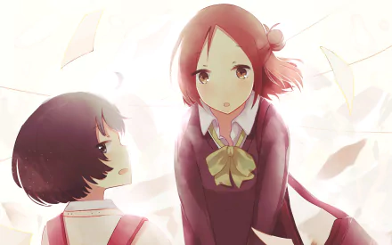 Two characters from the anime One Week Friends share a moment amidst floating papers, captured in a vibrant HD wallpaper, embodying friendship and connection.