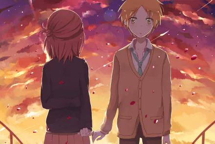 A stunning HD wallpaper featuring characters from the anime One Week Friends, set against a dreamy sky filled with petals, as they share a heartfelt moment together.