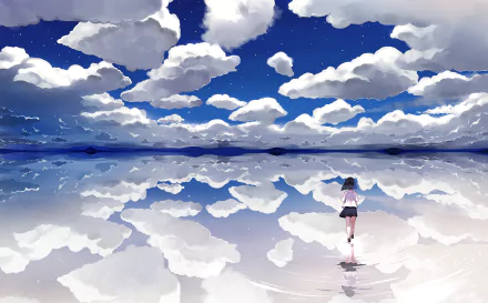 Anime-style HD desktop wallpaper featuring a vast, reflective sky with fluffy clouds and a solitary figure walking, creating a serene and expansive atmosphere.