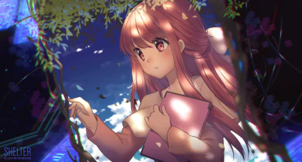 A captivating HD desktop wallpaper featuring Rin from Shelter, set against a serene backdrop with lush greenery and a bright sky, holding a book and gazing thoughtfully.