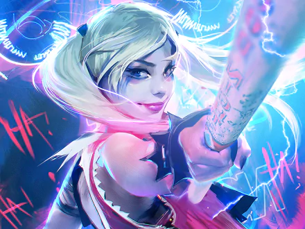 HD wallpaper featuring Harley Quinn from DC Comics' Suicide Squad, with blonde hair, blue eyes, and a baseball bat, smiling mischievously in vibrant, colorful art.